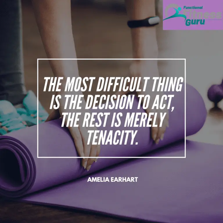 Hands rolling purple yoga mat with quote overlay.